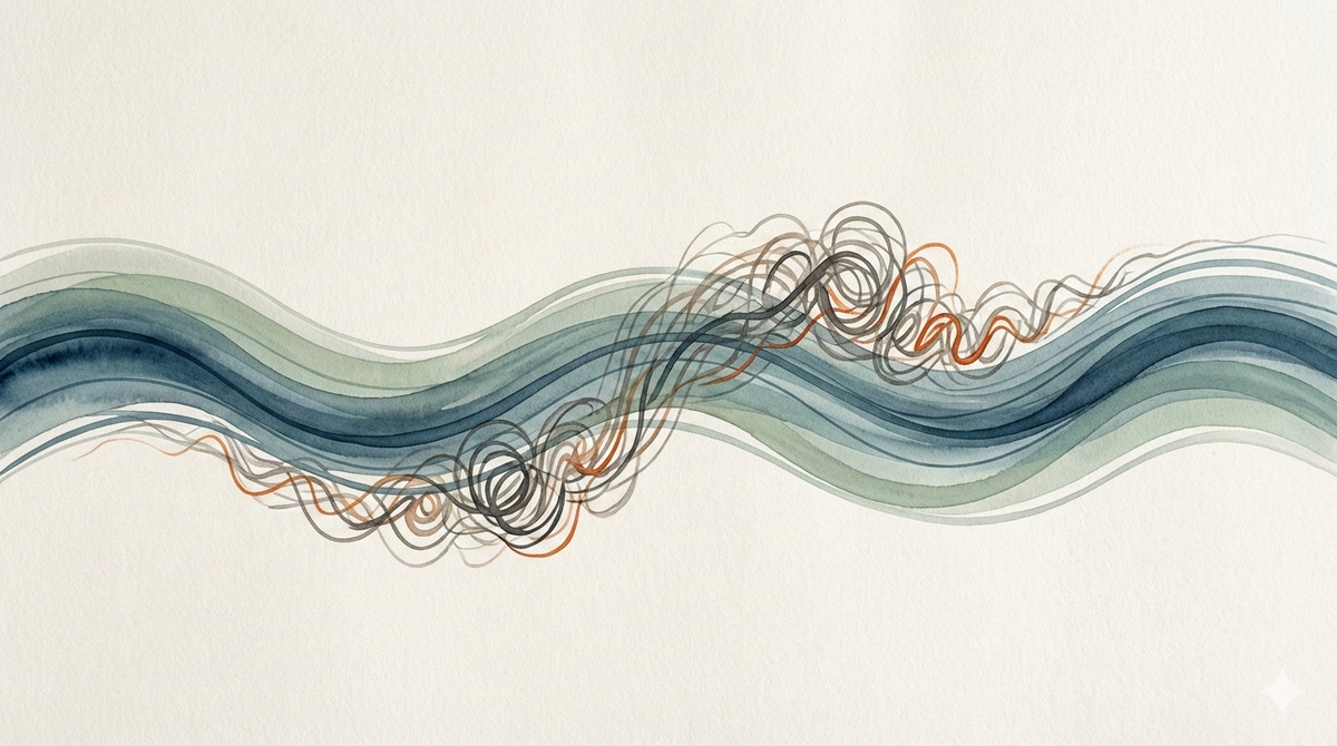 Abstrakte blau-grüne Wellenlinie mit grau-orangen Knoten auf hellem Hintergrund.