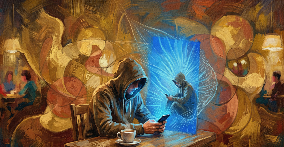 Ein Jugendlicher sitzt in einem warm beleuchteten Café, optisch durch abstrakte Linien von der analogen Welt getrennt und in den grellblauen Sog seines leuchtenden Smartphones gezogen.