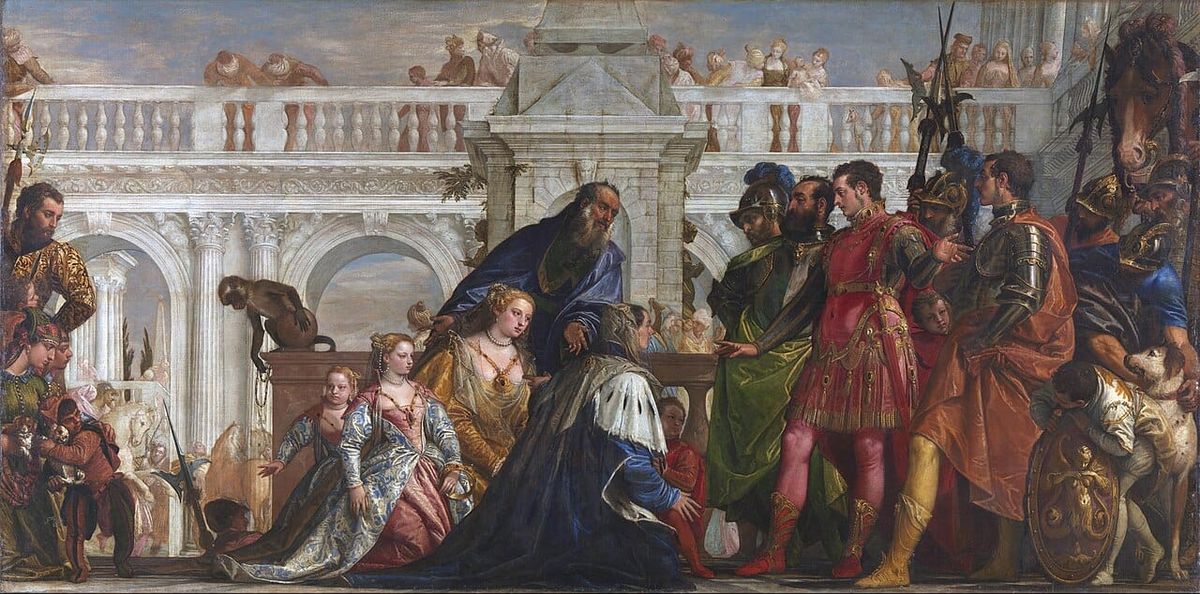 Gemälde von Paolo Veronese: Die Familie des Dareios vor Alexander, mit Alexander und Hephaistion im Zentrum der berühmten Sisygambis-Szene.