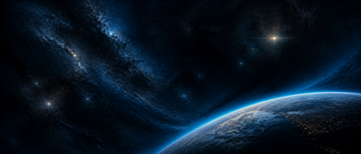 Breites, modernes Gemälde eines angeschnittenen Planeten im unteren rechten Bildbereich. Darüber liegt ein dunkler, blau strukturierter Sternenhimmel mit einer weit entfernten Lichtquelle.