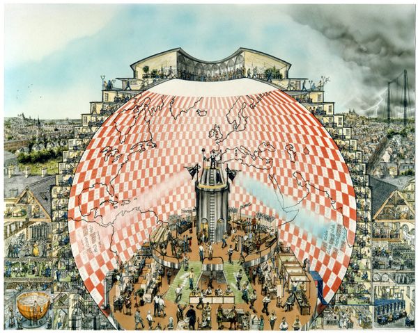 Image of a painting by Stephen Conlin that imagines Lewis Fry Richardson's "Forecast Factory" as a large spherical building.
