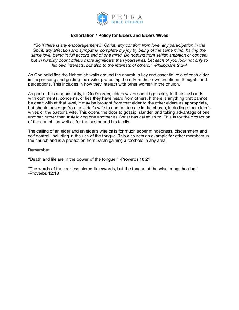 Exhortation Policy for Elders and Elders' Wives