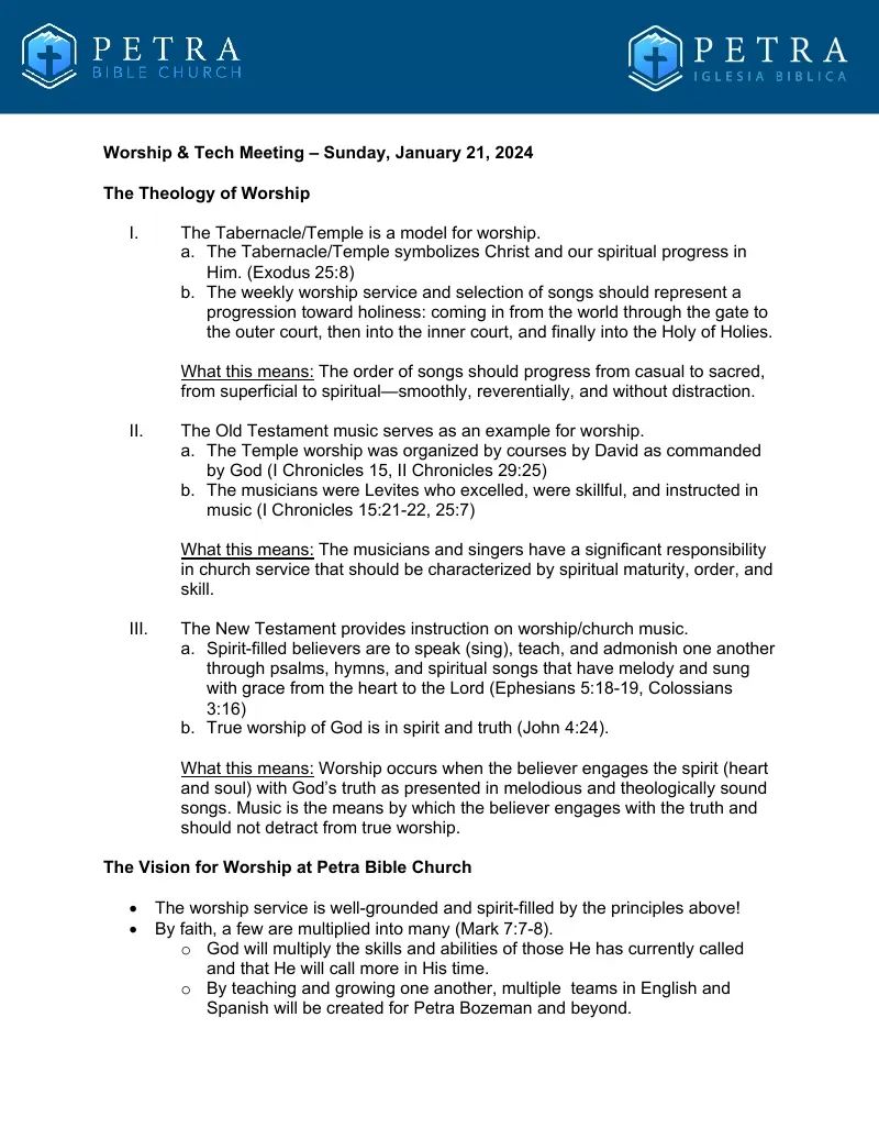 Worship and Tech Meeting Outline