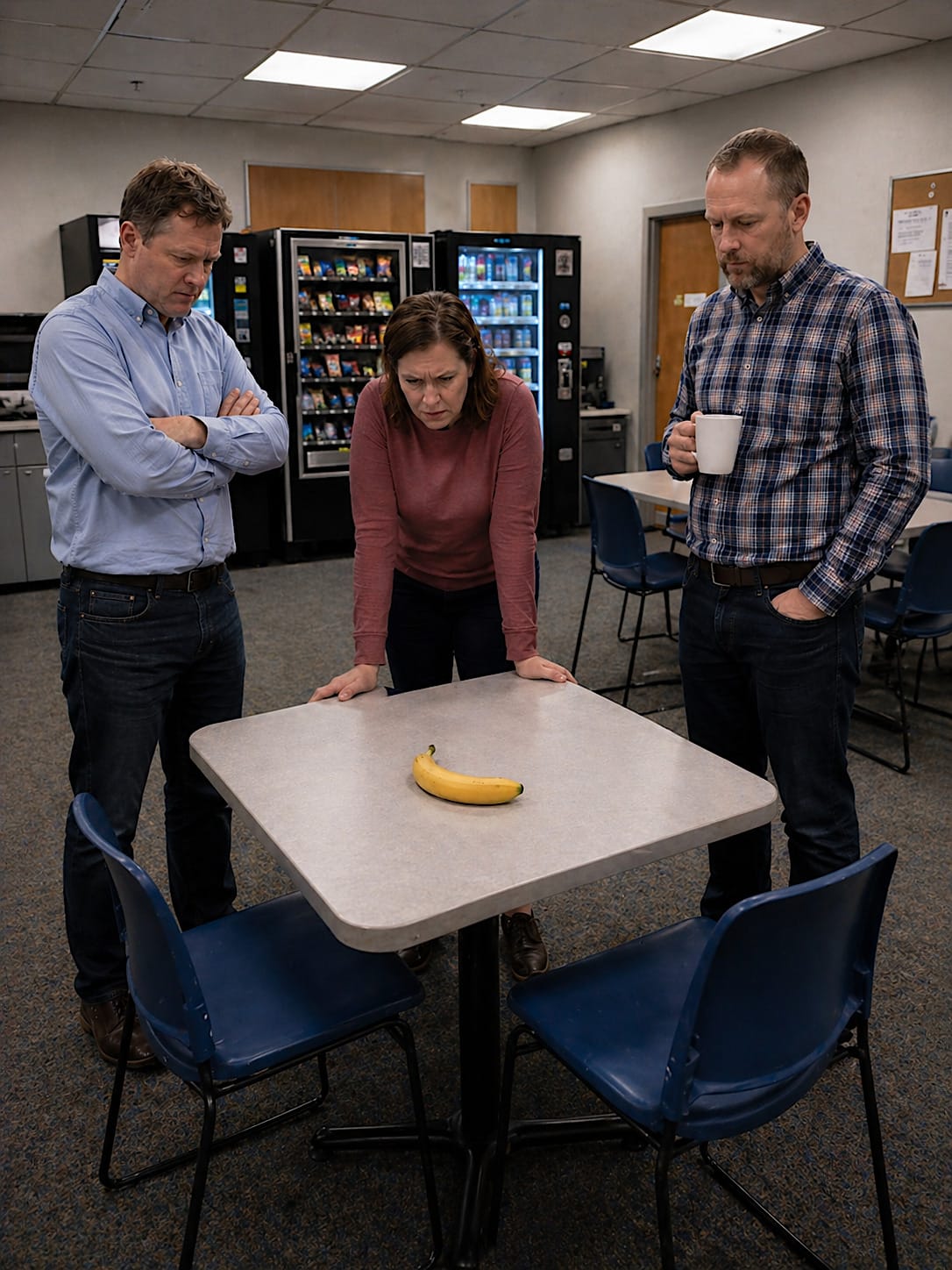 Three office workers standing around a single banana on a plain breakroom table.