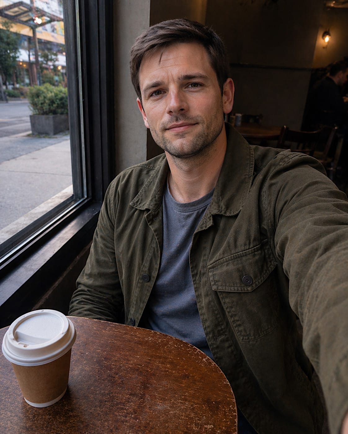 Person seated alone at a small coffee shop table with a paper coffee cup by the window.