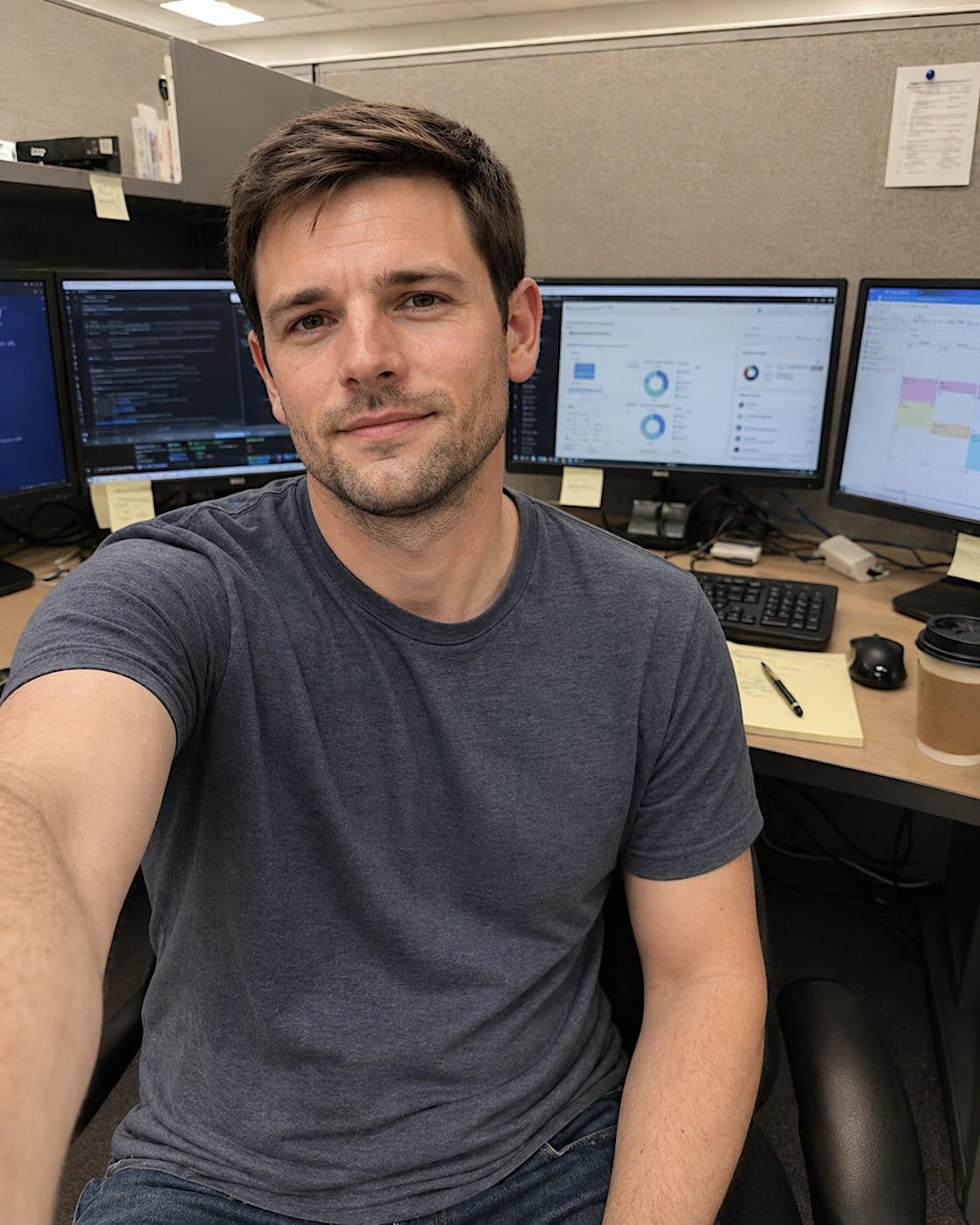 Person seated at a cluttered office cubicle workstation with monitors, coffee, notes, cables, and desk supplies.