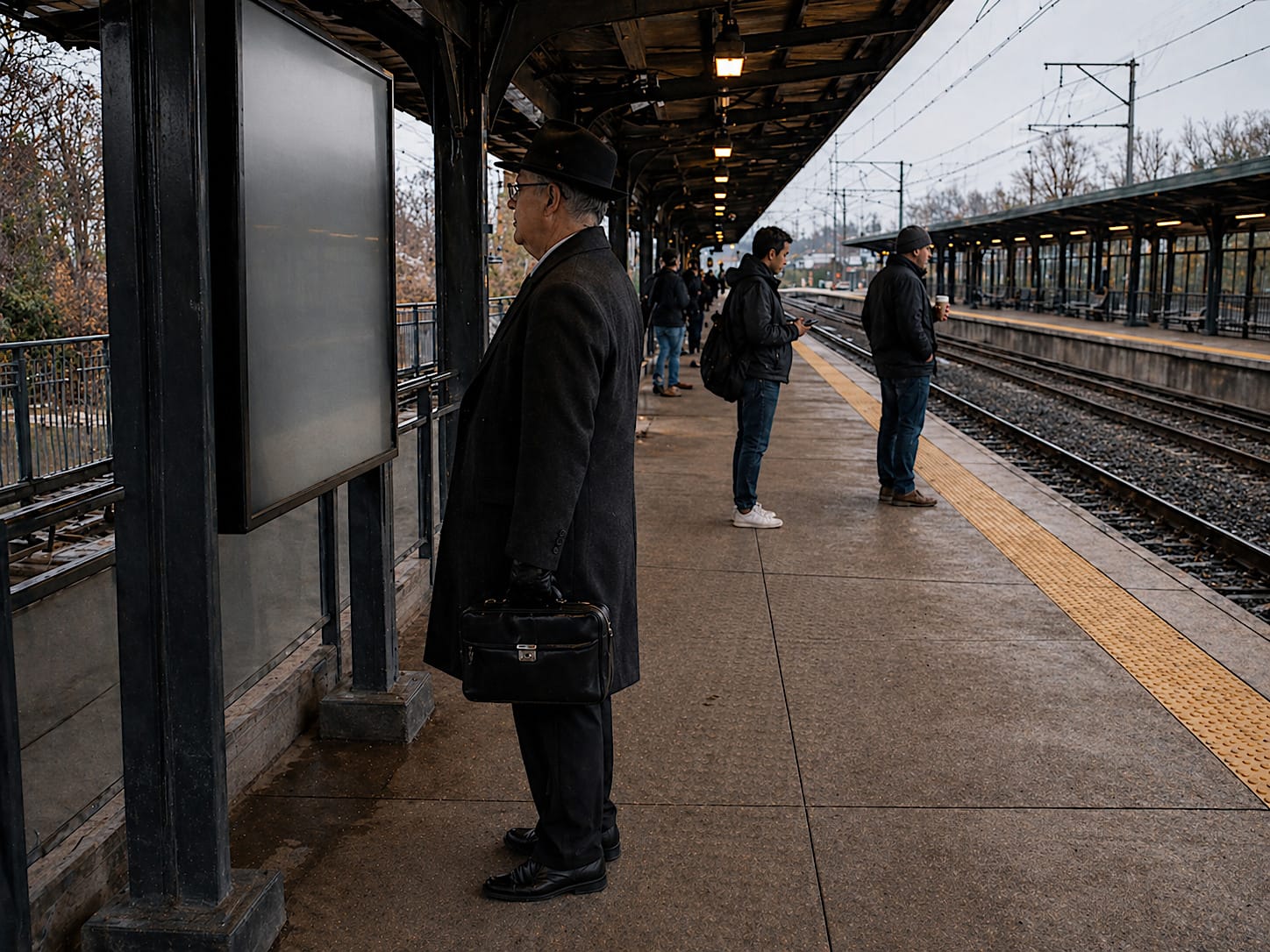 Older man in a dark overcoat and brimmed hat standing near a blank timetable board on a commuter train platform.