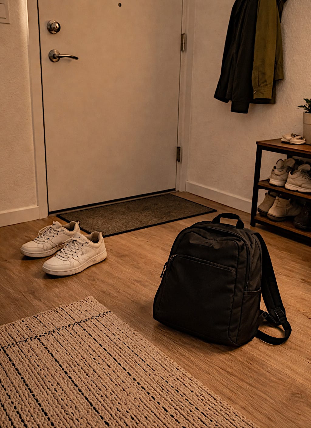 Apartment entryway with shoes, backpack, and jacket at the end of the week.