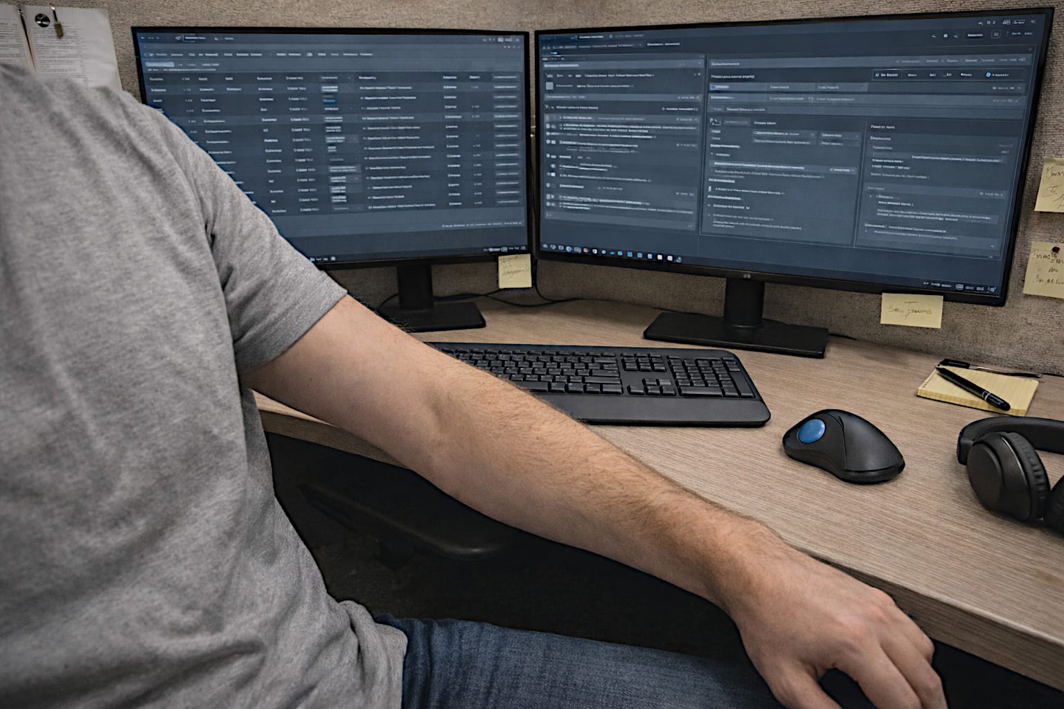 Person seated at a cluttered office cubicle workstation with monitors and desk supplies.