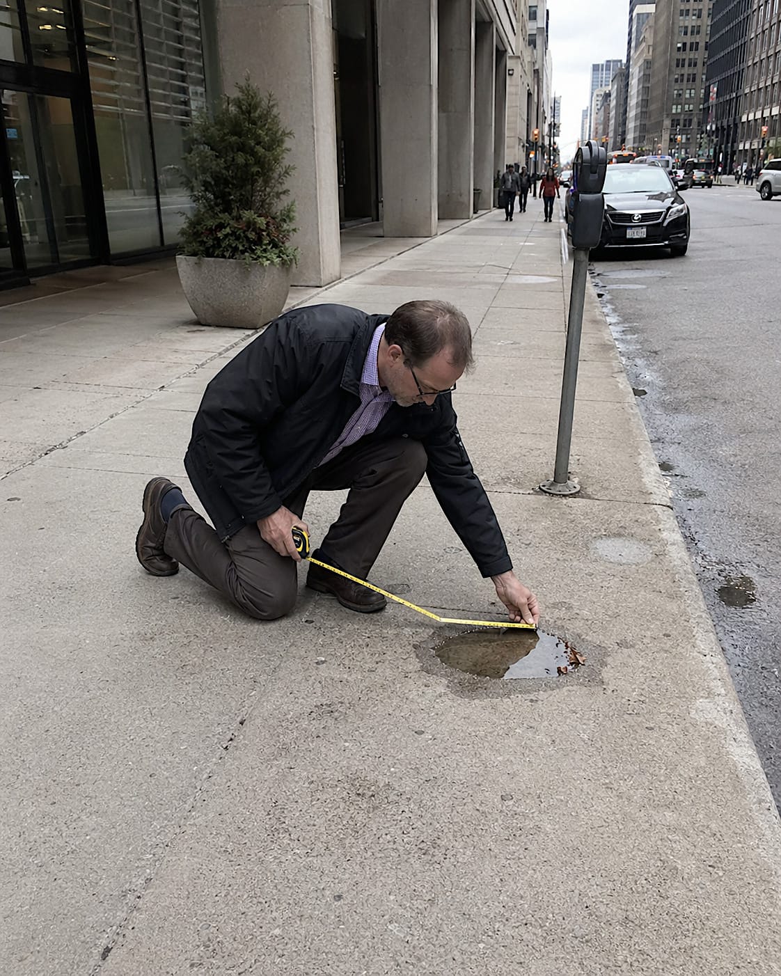 Man kneeling on a city sidewalk and measuring a small curbside puddle with a tape measure.