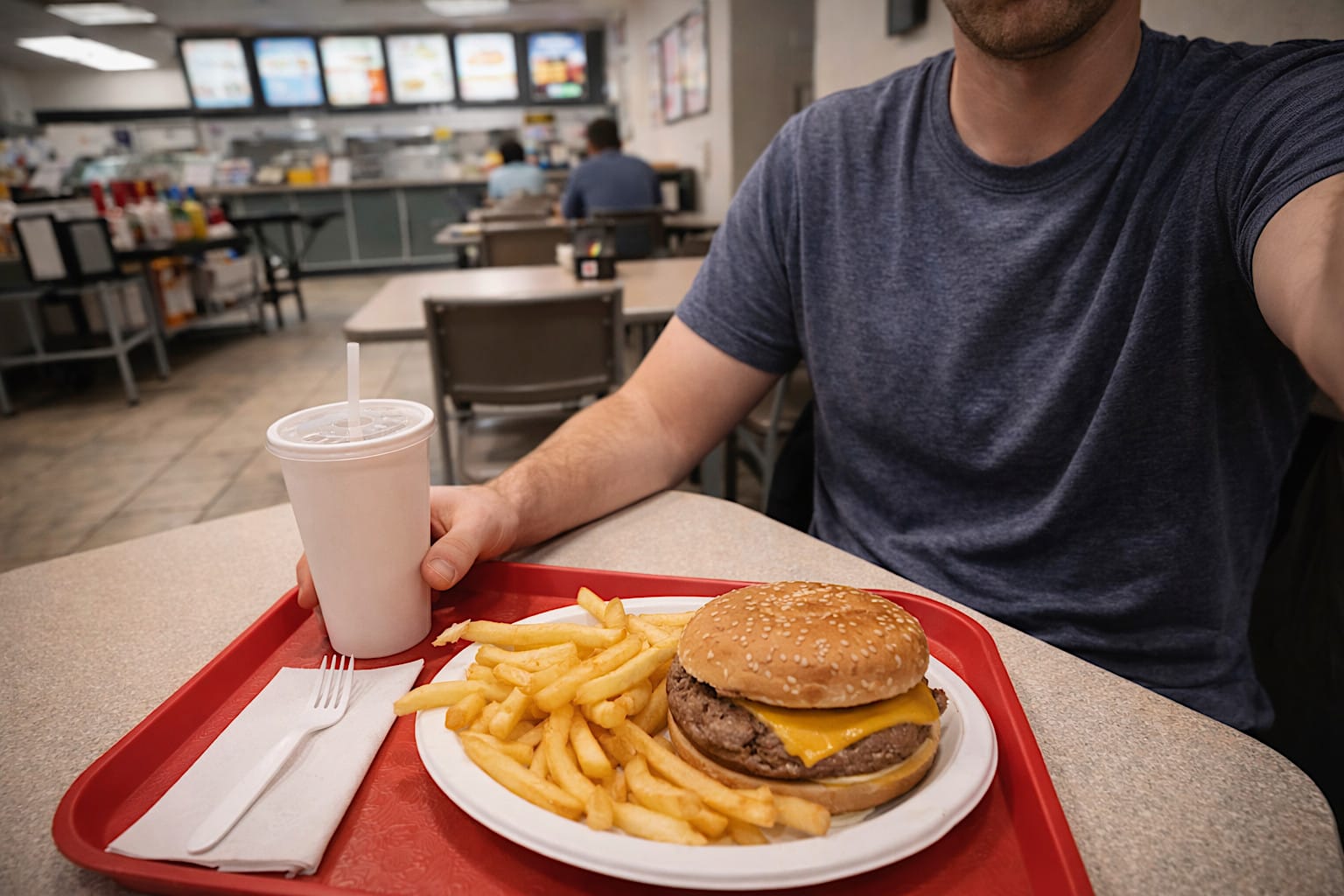 Person eating alone at a modest diner table with a simple meal.