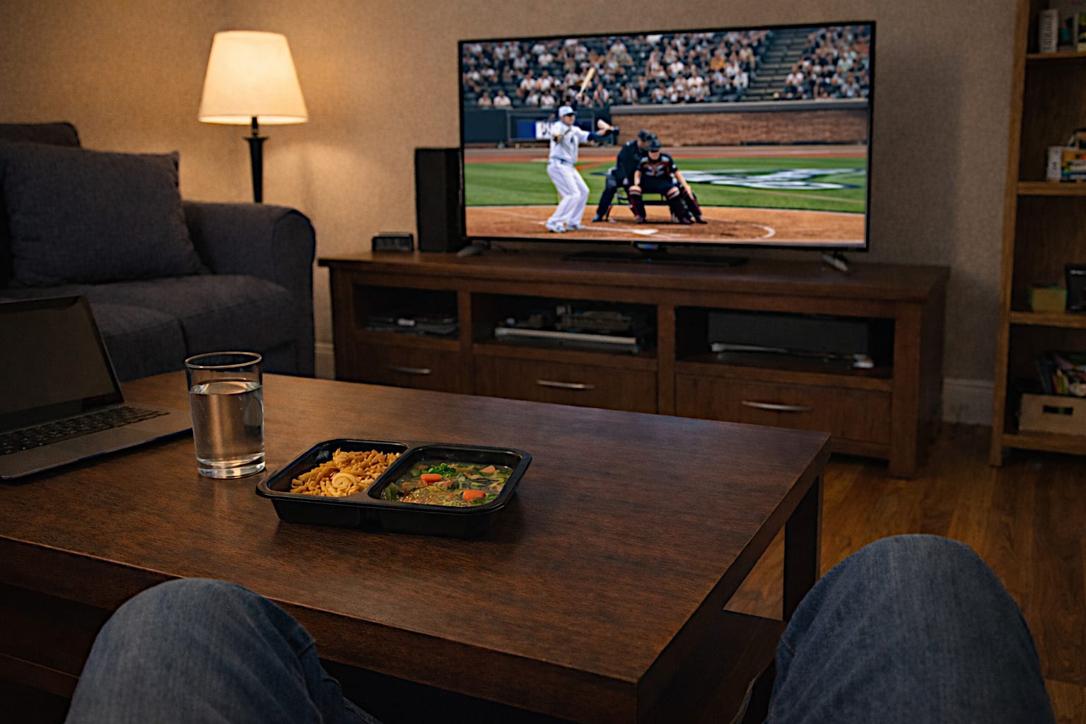 Microwave meal on a coffee table in a modest apartment living room.