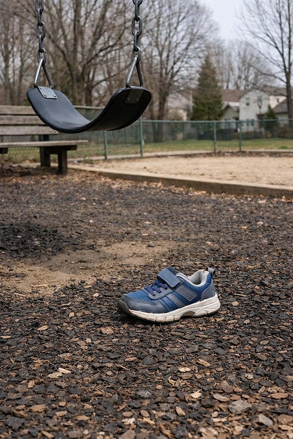 Child-sized sneaker lying on the ground beside a playground swing.