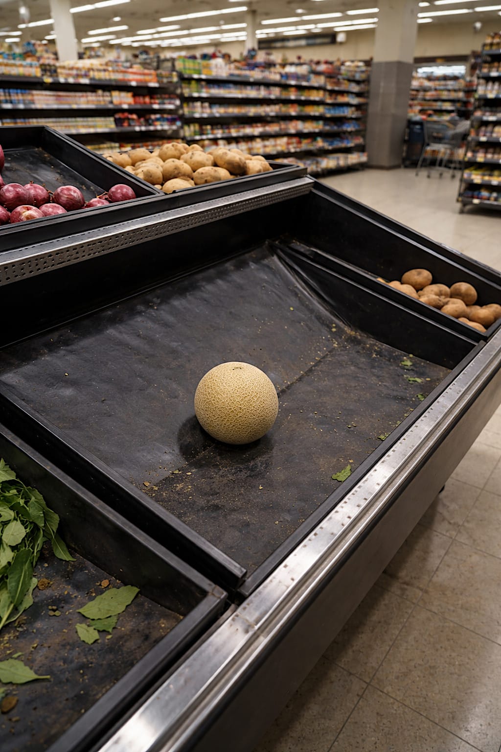 Single cantaloupe sitting alone in a mostly empty grocery store produce bin.