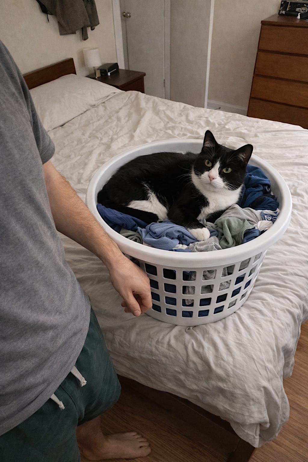 Black-and-white tuxedo cat lying inside a laundry basket full of clean clothes in a small bedroom.