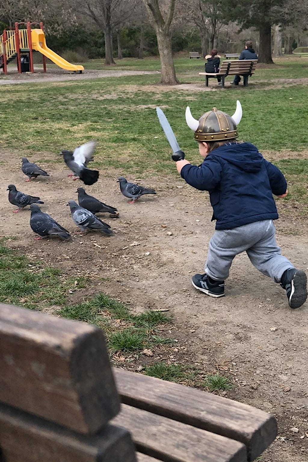 Toddler in a Viking helmet chasing pigeons with a toy sword in a neighborhood park.