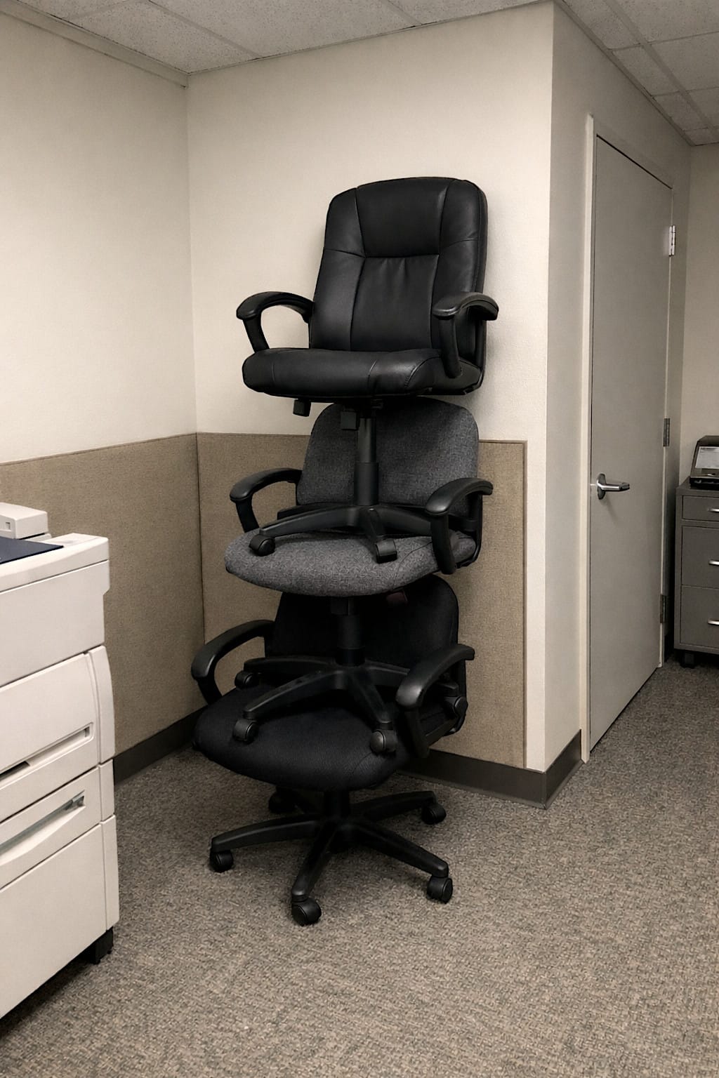 Three office chairs stacked neatly in a plain office corner.