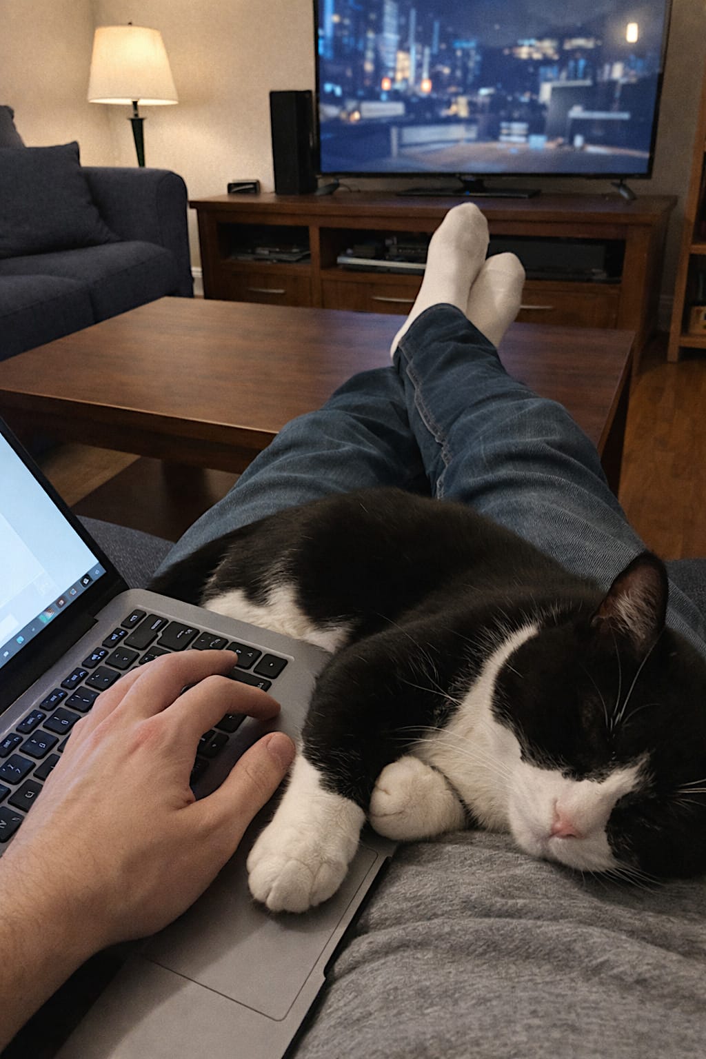 Black-and-white tuxedo cat lying across a person’s hand and laptop keyboard in a modest living room.