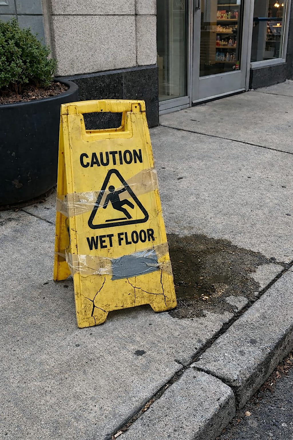 Damaged yellow caution sign patched with tape beside a small puddle on a city sidewalk.