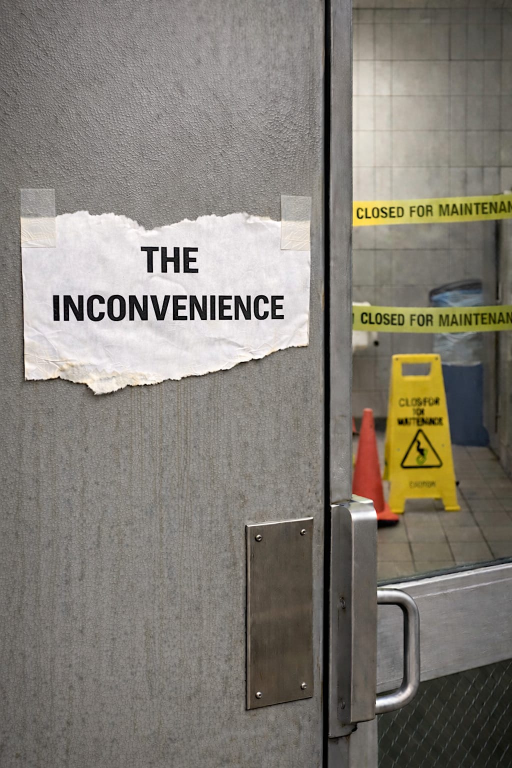 Damaged printed notice on a metal office door showing only the words “THE INCONVENIENCE.”