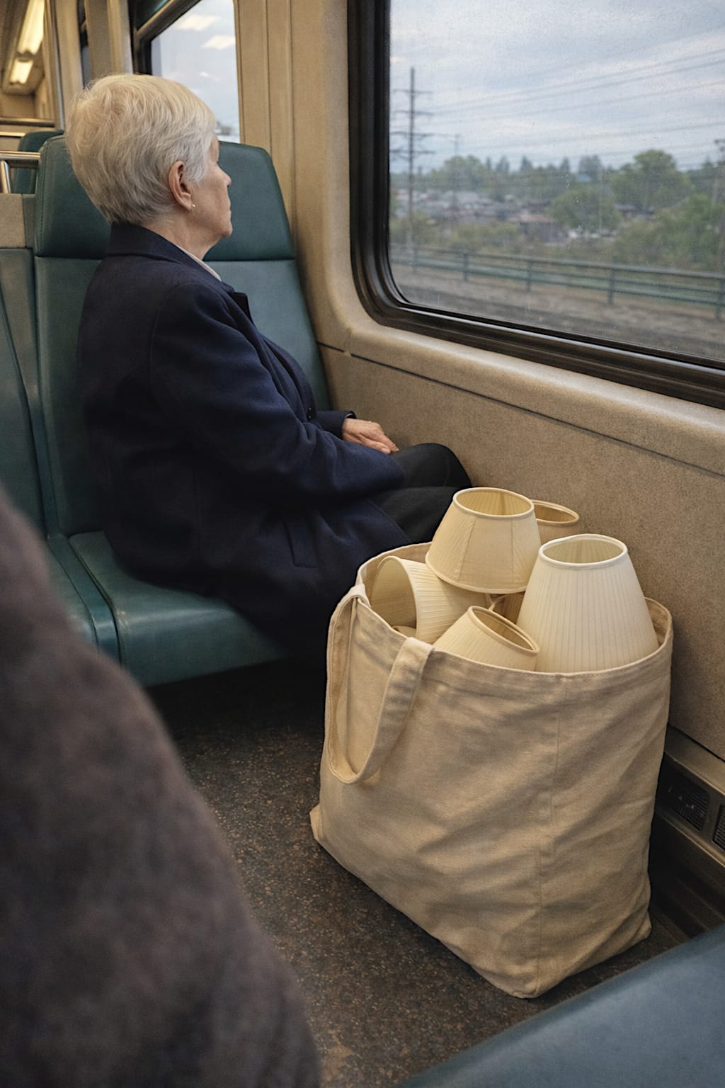Older woman on a commuter train with several lampshades protruding from a canvas shopping tote.