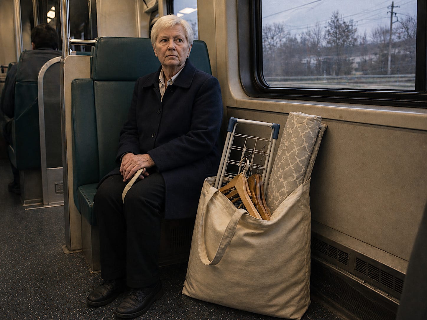 Older woman on a commuter train beside a canvas tote holding a laundry drying rack, wooden hangers, and fabric.