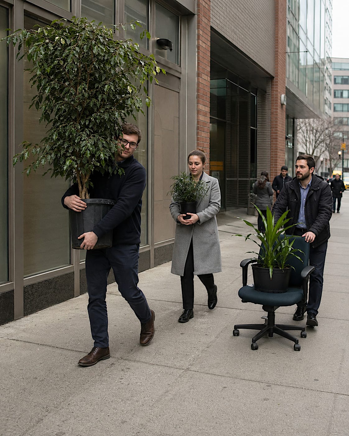 Three office workers carrying potted plants outside an office building, including one plant on a rolling chair.