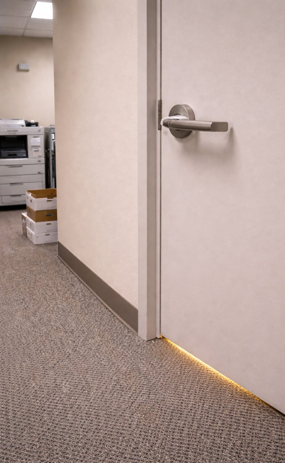 Thin line of warm light showing under a closed office utility closet door in a plain corridor.