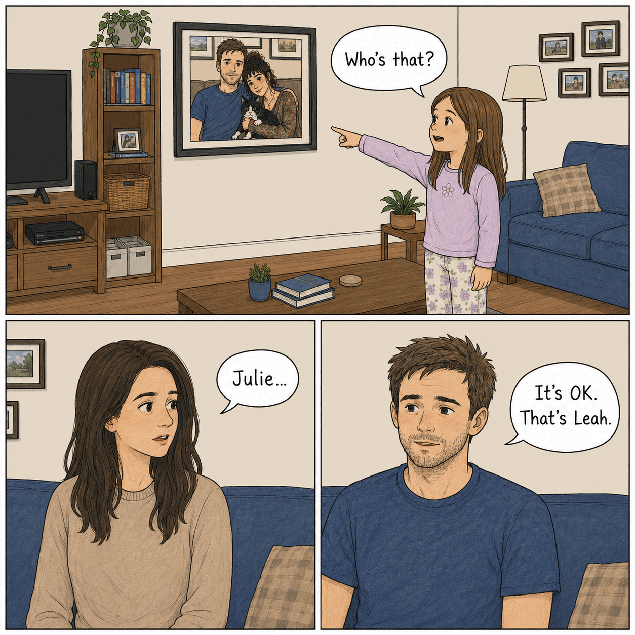 Simple square comic page in three panels. Julie points at a framed photo of Evan, Leah, and Mabel and asks, “Who’s that?” Nora looks concerned and says, “Julie...” Evan answers quietly, “It’s OK. That’s Leah.”