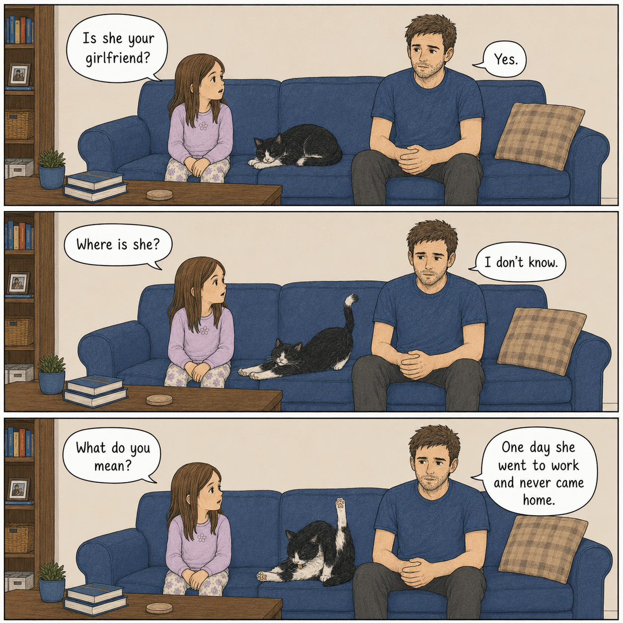 Simple square comic page in three wide couch panels. Julie, Mabel, and Evan sit on the blue couch. Julie asks, “Is she your girlfriend?” Evan says, “Yes.” Julie asks, “Where is she?” Evan says, “I don’t know.” Julie asks, “What do you mean?” Evan says, “One day she went to work and never came home.” Mabel behaves like an ordinary cat throughout.