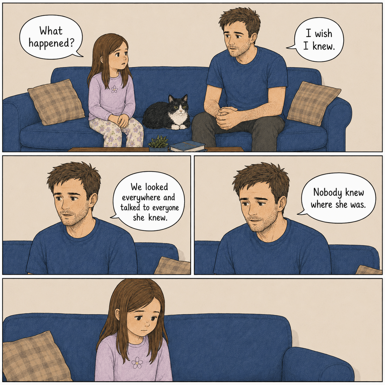 Simple square comic page. Julie, Mabel, and Evan sit on the couch. Julie asks, “What happened?” Evan says, “I wish I knew.” Two solo panels show Evan explaining, “We looked everywhere and talked to everyone she knew,” then, “Nobody knew where she was.” The final panel shows Julie looking down, thinking silently.