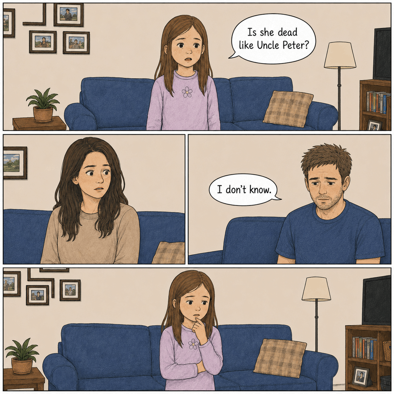 Simple square comic page with sparse, quiet panels. Julie asks, “Is she dead like Uncle Peter?” Nora reacts silently, looking suddenly still and concerned. Evan answers, “I don’t know.” The final panel shows Julie quietly thinking with no dialogue.