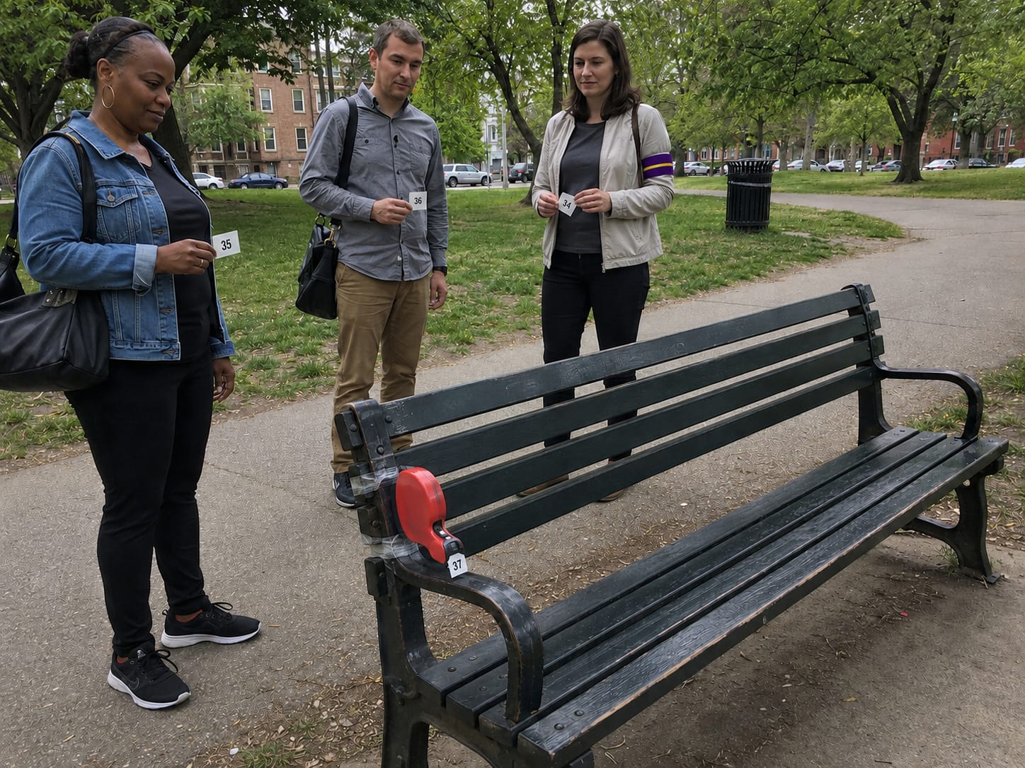 Three adults hold numbers beside an empty park bench with a taped-on dispenser.