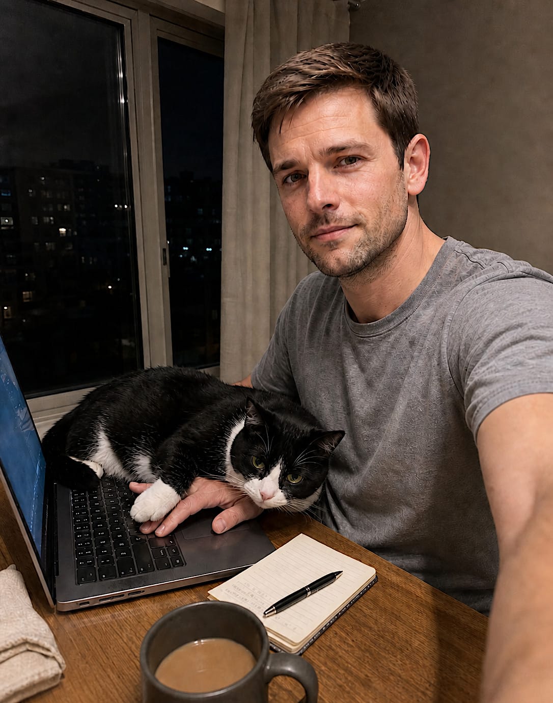 Evan seated at a wooden apartment table with an open laptop while Mabel lies across the keyboard.