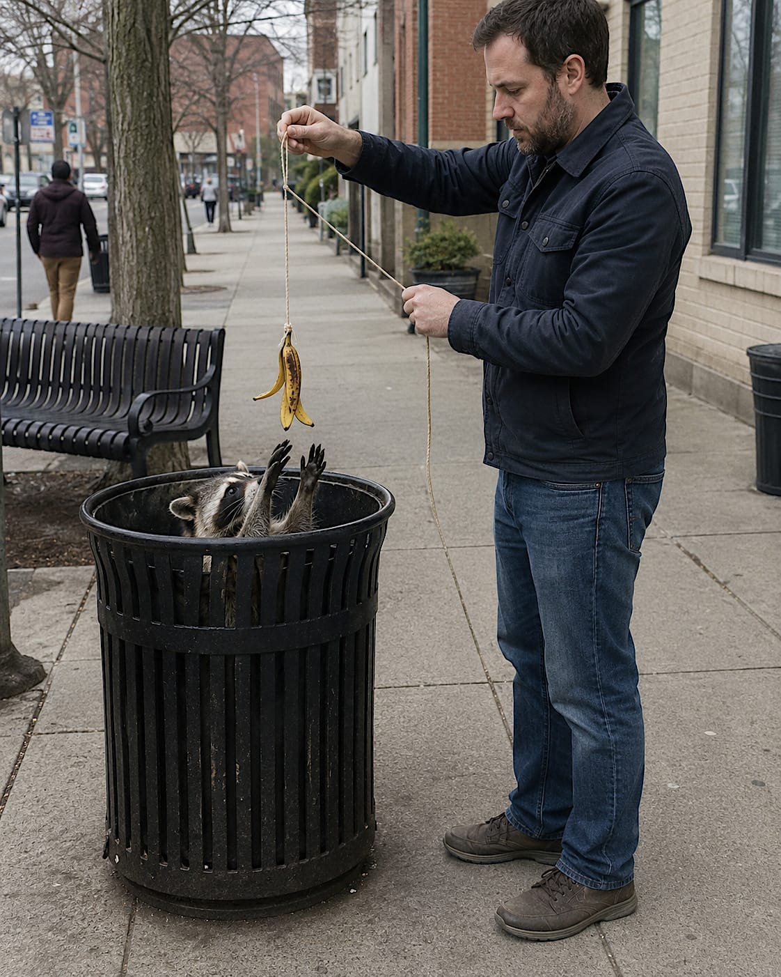 An ordinary man on a city sidewalk lowers a banana peel on a string toward a public trash can while a raccoon inside reaches up for it.
