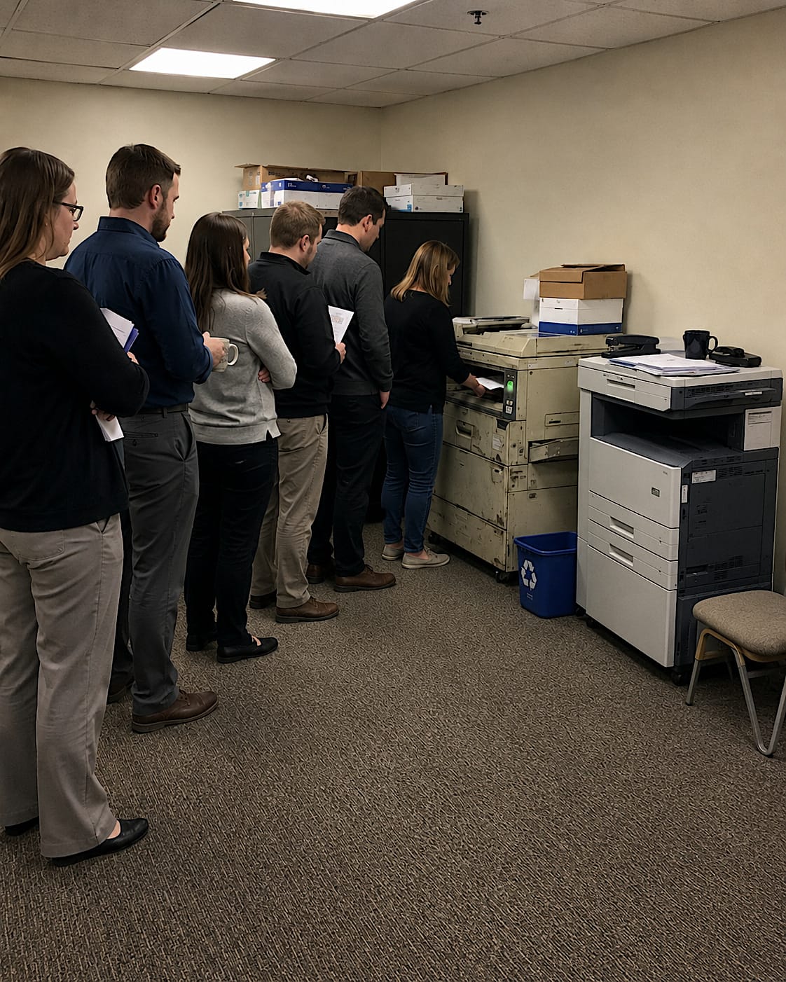 A line of office workers waits to use an old battered copier while a clean new copier beside it sits ignored and repurposed as a surface for a mug, stapler, and papers.