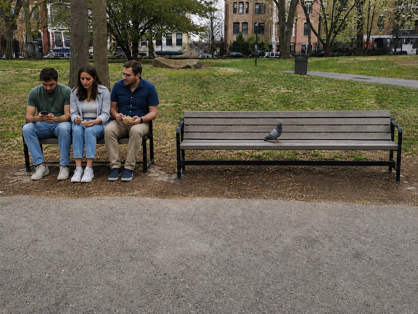 Three adults squeeze onto a tiny park bench while one pigeon occupies a long empty bench nearby.