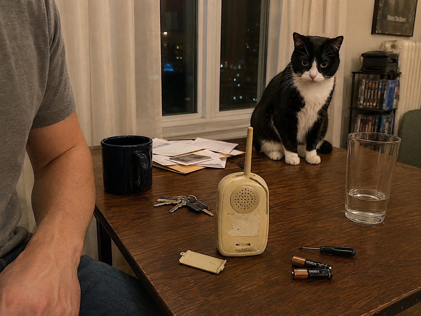 Mabel, a tuxedo cat, watches an old yellowed baby monitor on Evan’s apartment table, surrounded by keys, batteries, a mug, and night-window clutter.