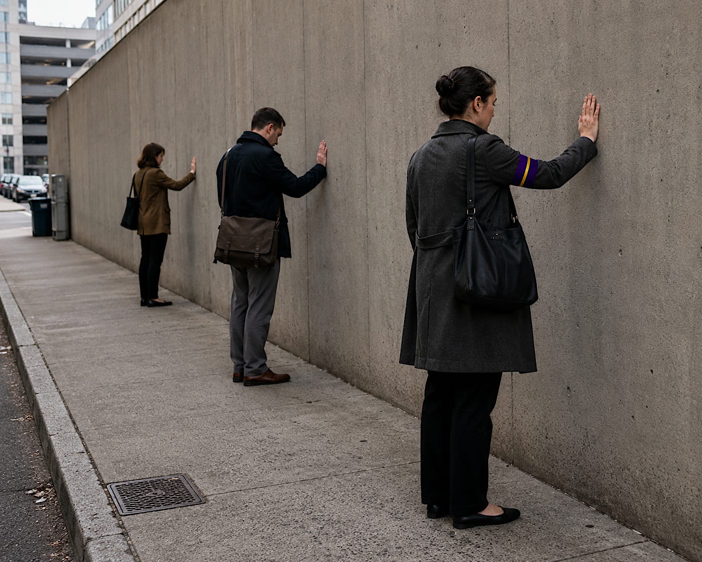 Three adults press one palm each to a blank concrete wall, standing silent as if listening to something inside.
