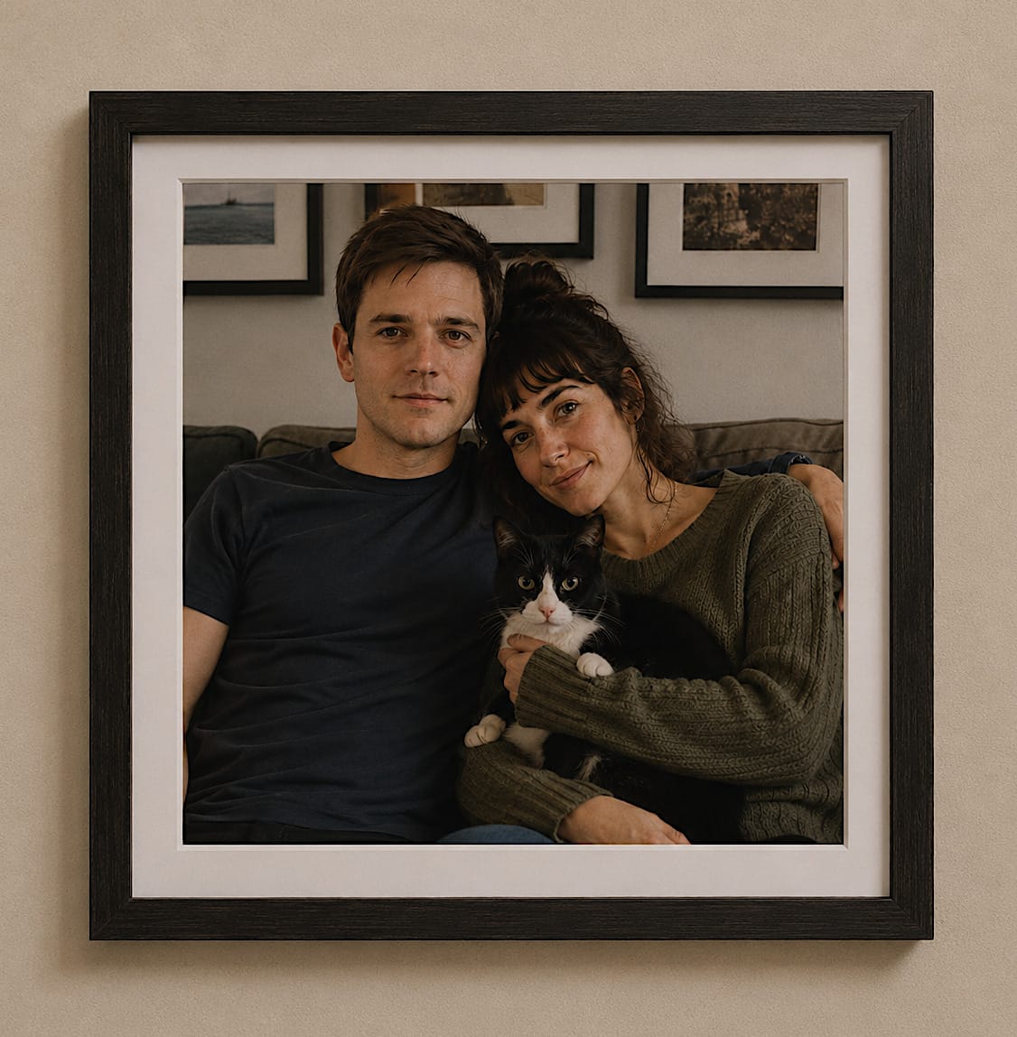 Closeup of a framed household photo showing Evan, Leah, and Mabel together, displayed among the other living-room pictures.