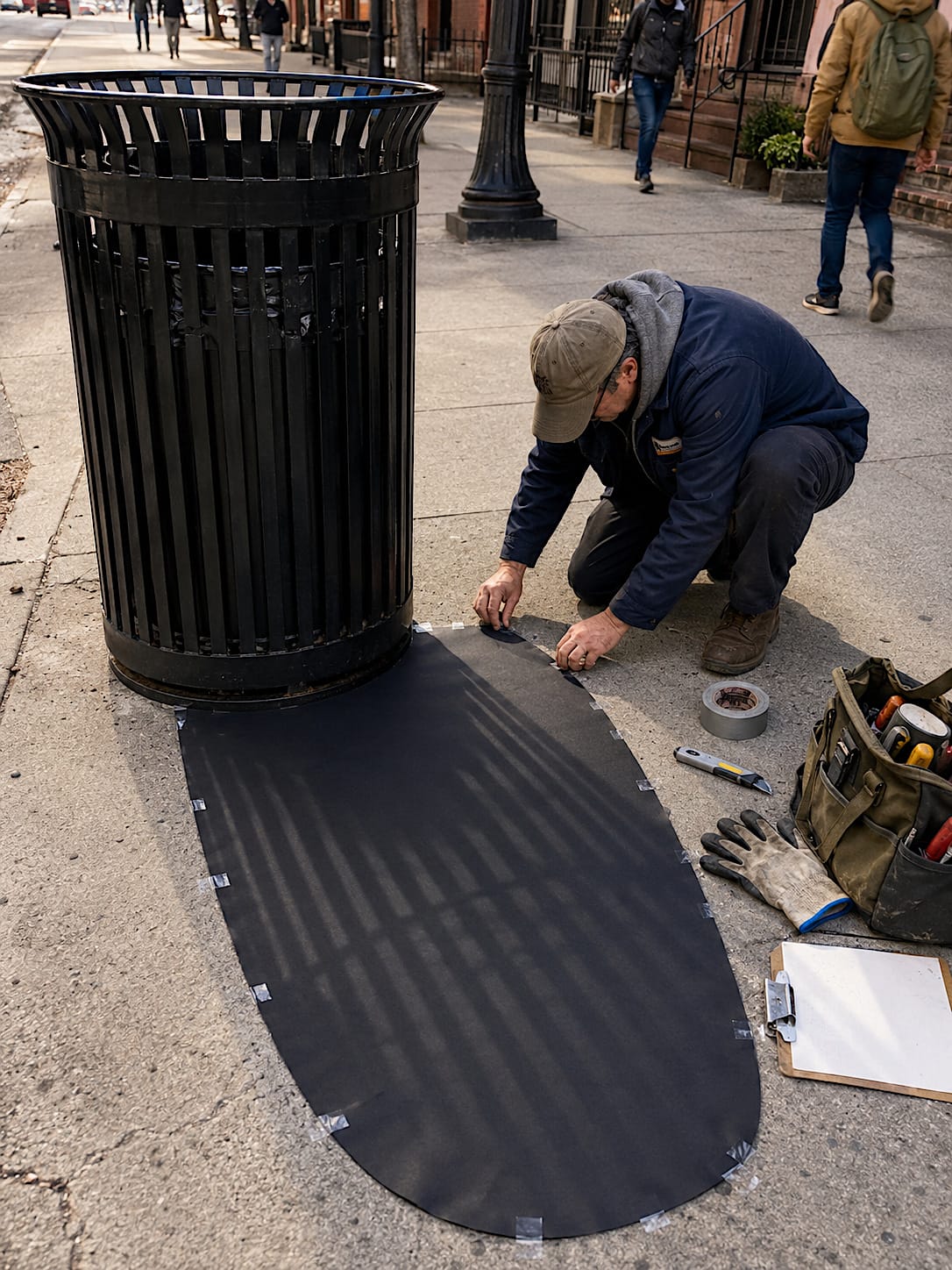 City worker tapes a matte-black paper “backup shadow” under a public trash can’s real morning shadow on a sidewalk.