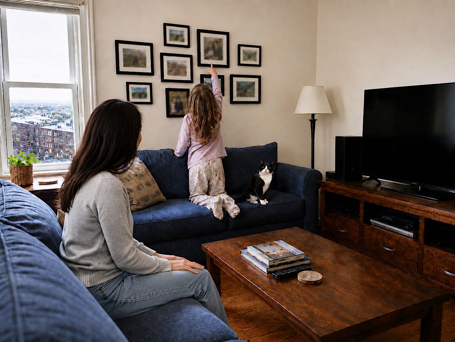 Julie kneels on the blue couch in Evan’s living room, facing the gallery wall and pointing up at one framed photo while the rest of the room stays quiet and ordinary.