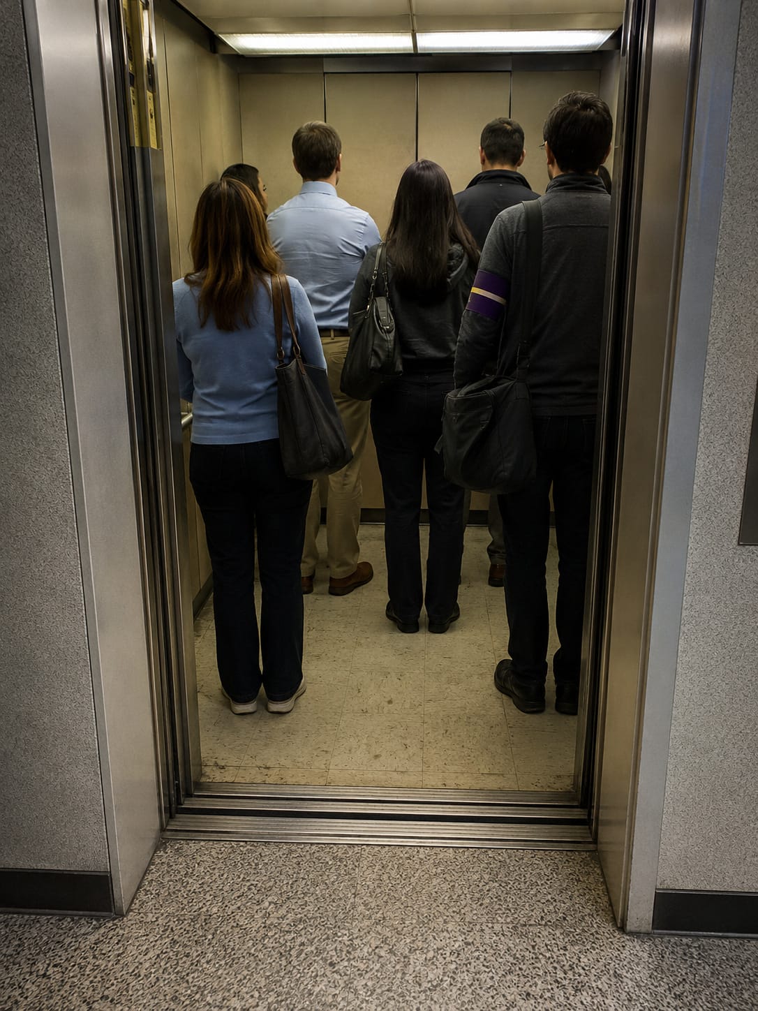 Open office elevator with passengers facing the back wall instead of the doors, one wearing a purple-and-gold armband.