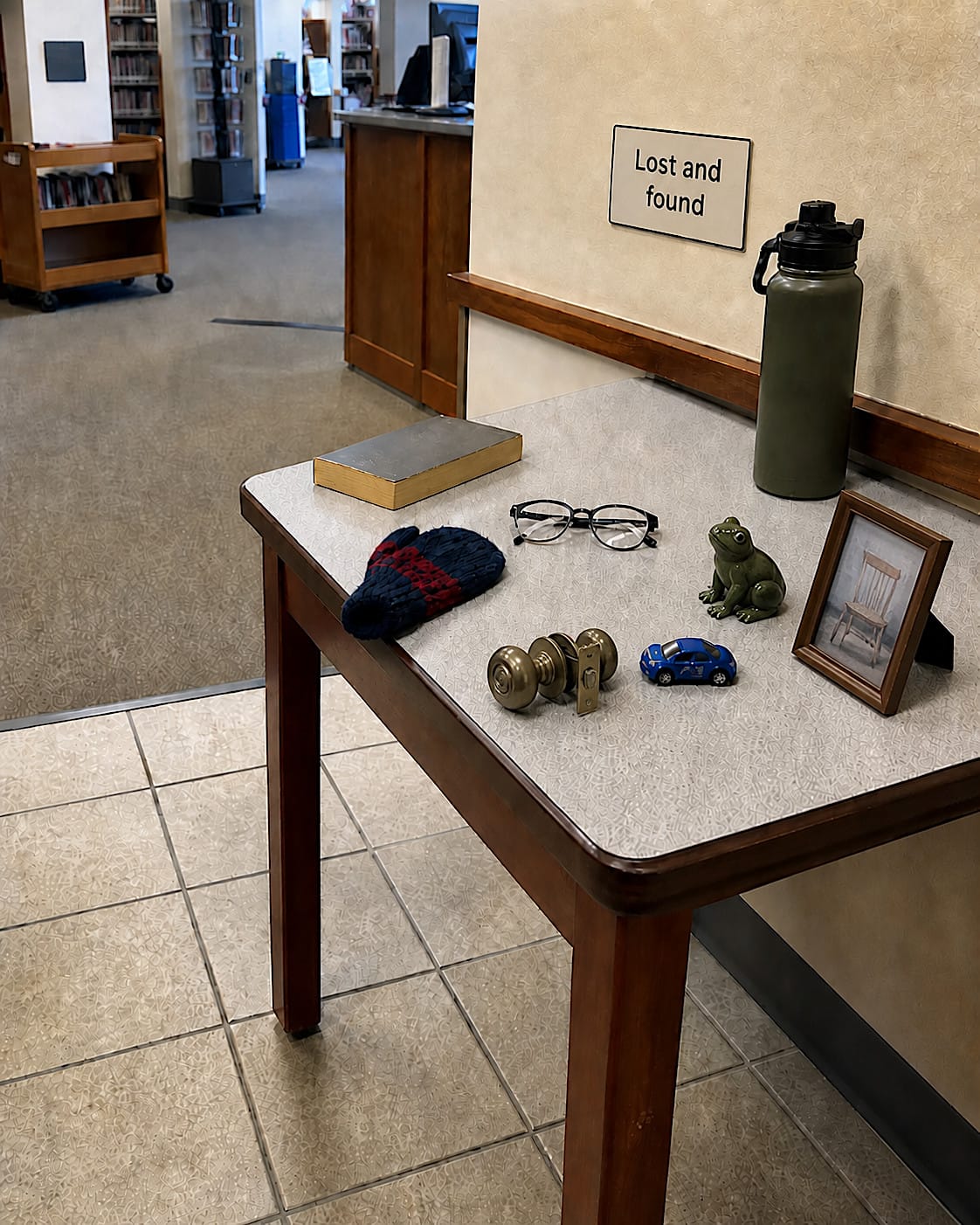 Library lost-and-found table with a mitten, glasses, water bottle, toy car, doorknob, ceramic frog, and framed photo.