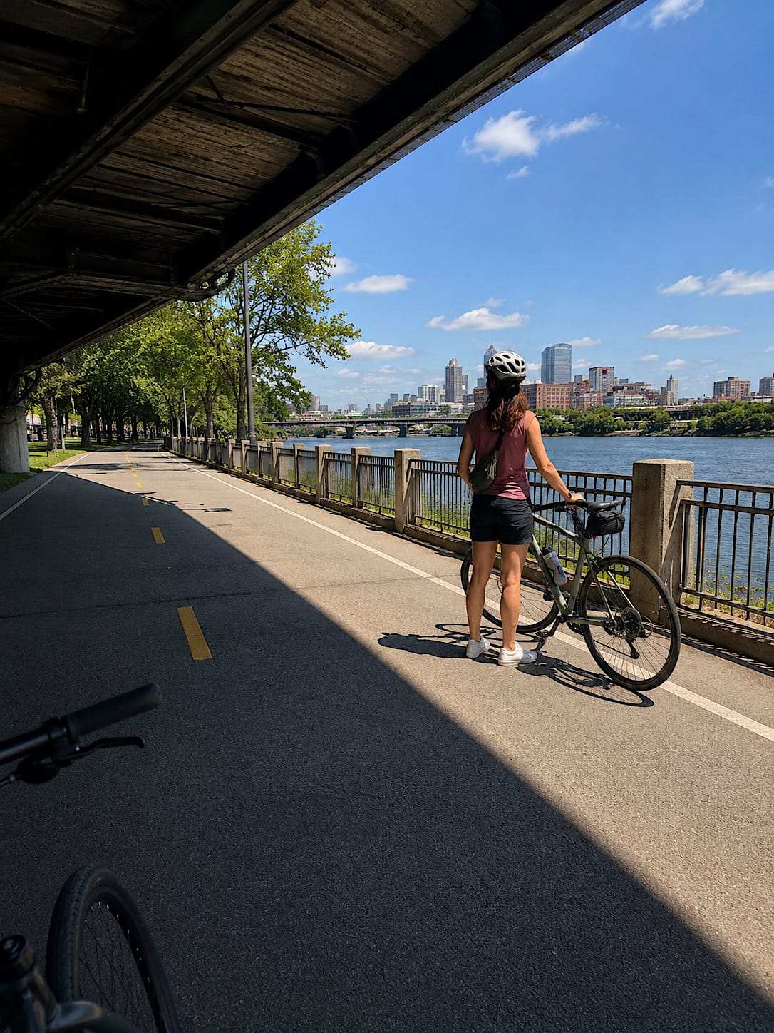 Nora pauses with her bike on a riverside path beneath a bridge, small in sun beside a sweeping diagonal shadow.