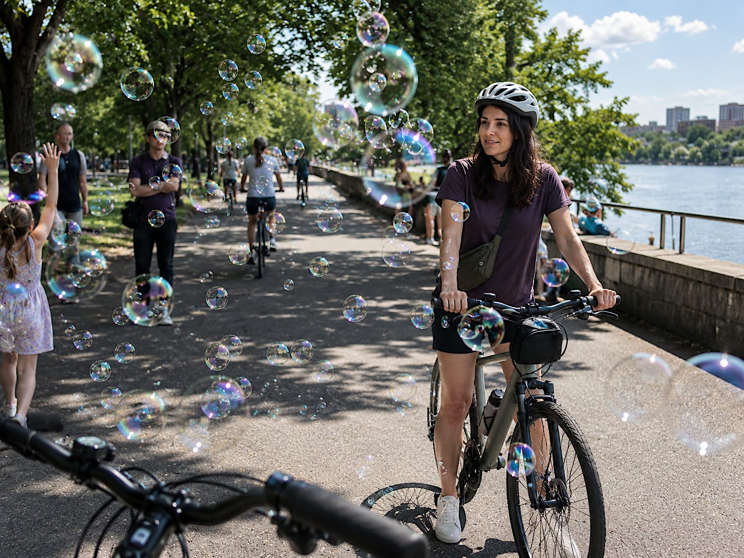Soap bubbles drift across a sunny riverside bike path as Nora pauses with her bike, Evan’s handlebar at the lower edge.
