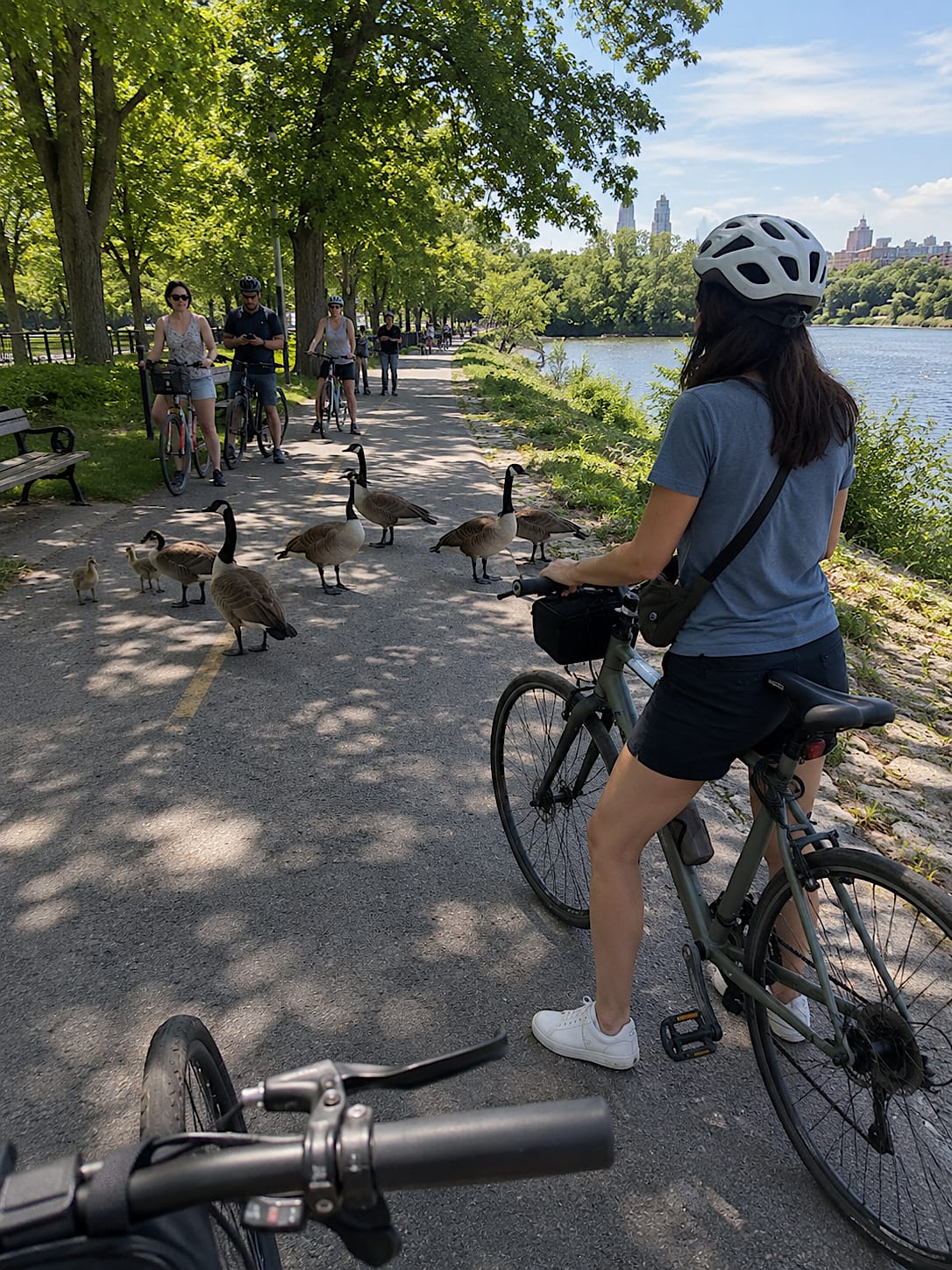 Geese block a sunny riverside bike path while Nora waits with her bike behind them, along with other cyclists in a polite jam.