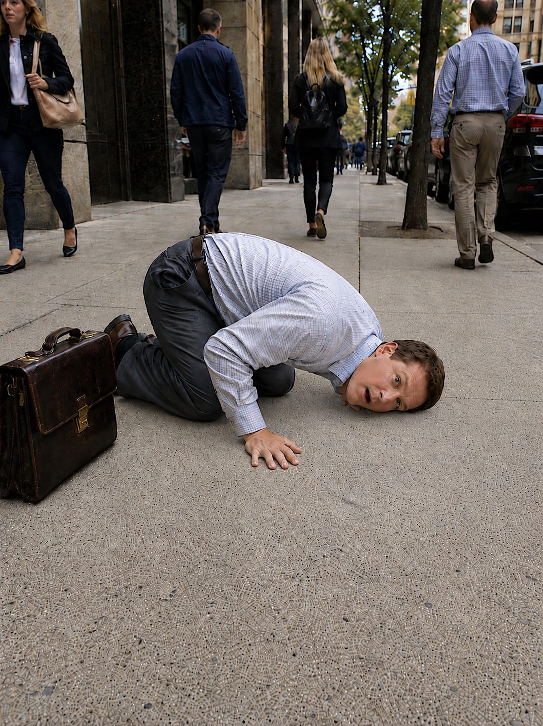 A business-casual man kneels on a busy sidewalk with one ear pressed to the concrete, looking startled and awed as pedestrians walk around him.