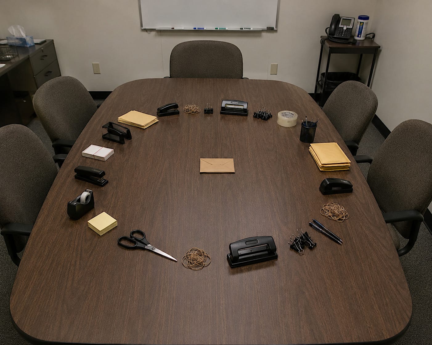 A dull office conference room table arranged with a perfect circle of office supplies and a sealed envelope alone in the center.