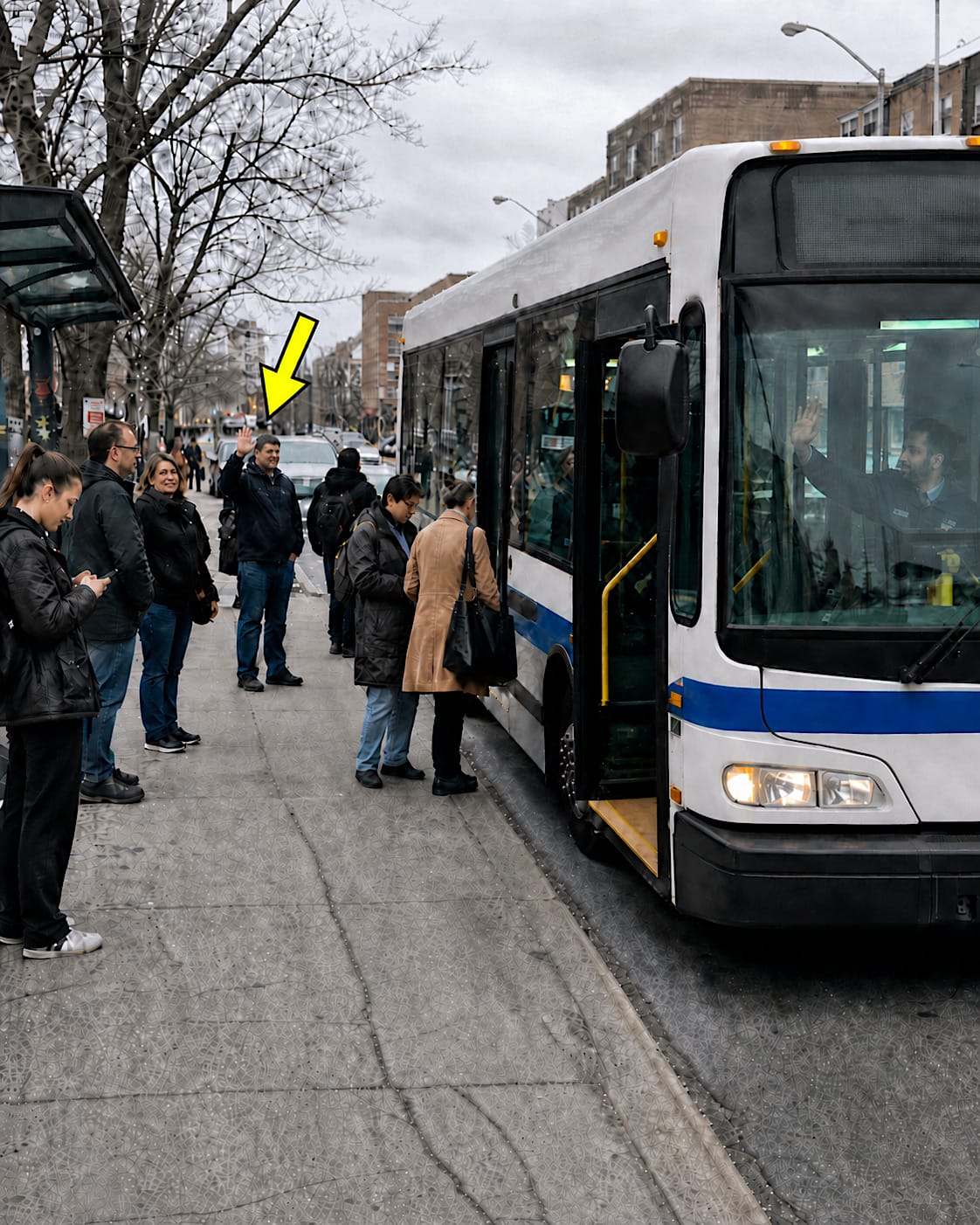 City bus stopped at a bus stop while one commuter waves back at the driver among waiting passengers.